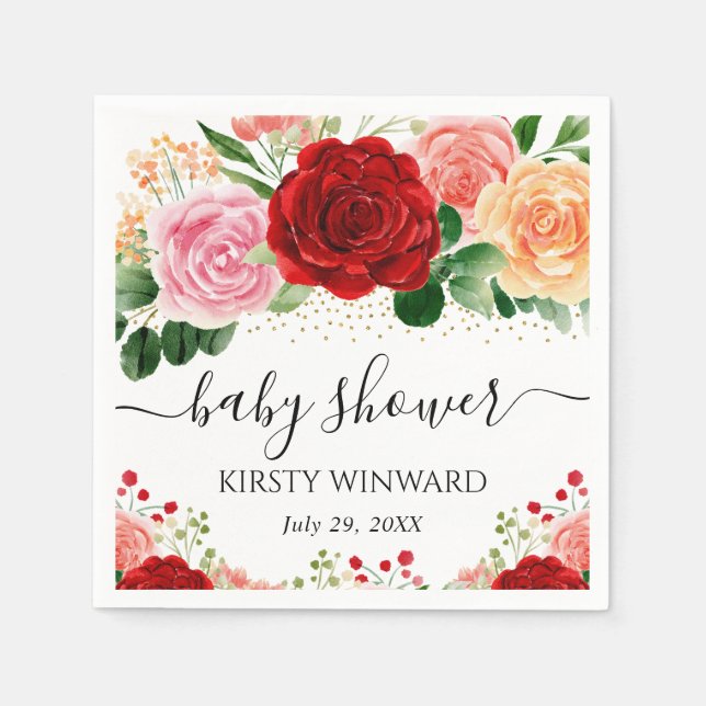 Watercolor Red and Yellow Roses Baby Shower Napkin (Front)