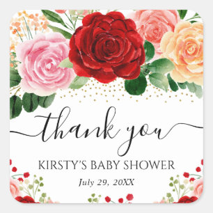 Watercolor Red and Yellow Roses Baby Shower Square Sticker