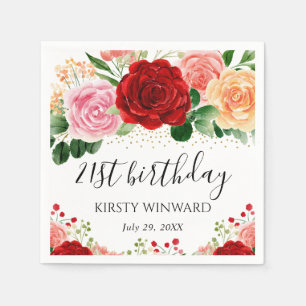 Watercolor Red and Yellow Roses Birthday Napkin