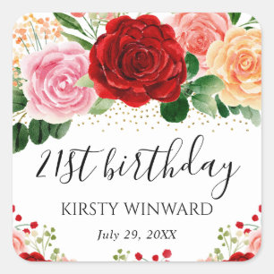 Watercolor Red and Yellow Roses Birthday Square Sticker