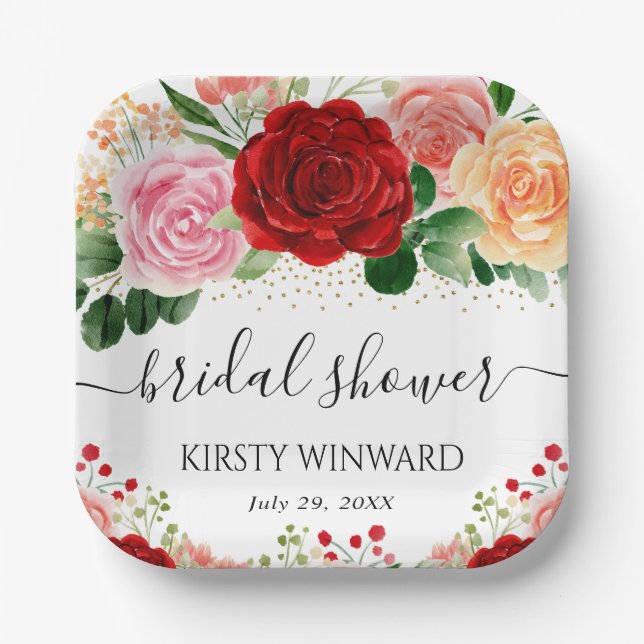 Watercolor Red and Yellow Roses Bridal Shower Paper Plate (Front)