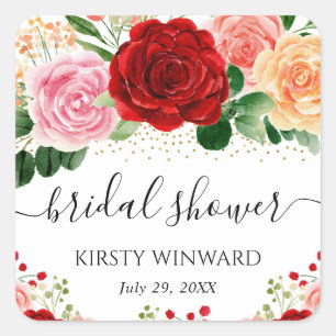 Watercolor Red and Yellow Roses Bridal Shower Square Sticker