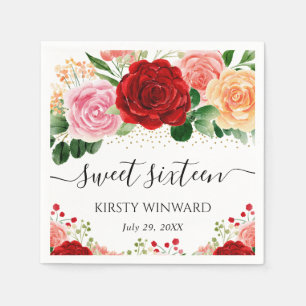 Watercolor Red and Yellow Roses Sweet Sixteen Napkin