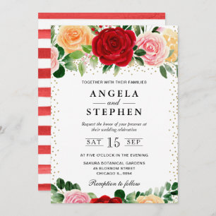 Watercolor Red and Yellow Roses Wedding Invitation