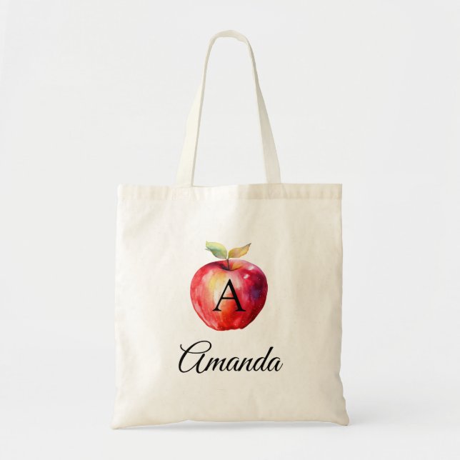 Watercolor Red Apple Name Monogramed Tote Bag (Front)