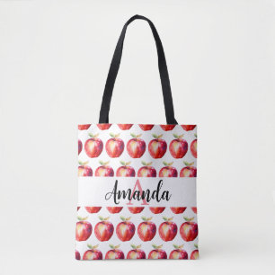Watercolor Red Apple Pattern Name Monogramed Tote Bag