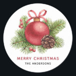 Watercolor Red Ball Ornament Merry Christmas Classic Round Sticker<br><div class="desc">Add a festive accent to your envelopes and gifts with these customisable Christmas stickers. It features watercolour red ornament,  pine cone,  pine needles and winterberries. Personalise by adding your details. These red Christmas ball ornament stickers are available in other products.</div>