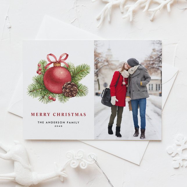 Watercolor Red Ball Ornament Photo Christmas Holiday Postcard (Creator Uploaded)