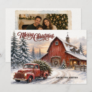 Watercolor Red Barn Christmas Photo Card 
