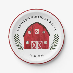 Watercolor Red Barn Farmhouse Birthday Party Paper Plate