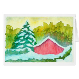 Watercolor Red Barn in Winter Snow Evergreen Trees