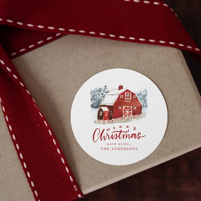 Watercolor Red Barn Merry Christmas Classic Round Sticker (Creator Uploaded)