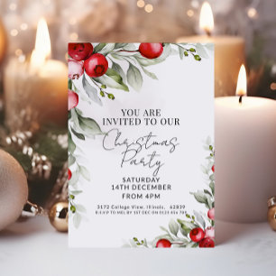 Watercolor Red Berries Greenery Christmas Party  Invitation