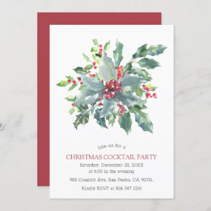 Watercolor Red Berries Holly Christmas Party Invitation