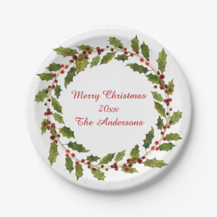 Watercolor Red Berries Holly Merry Christmas Paper Plate