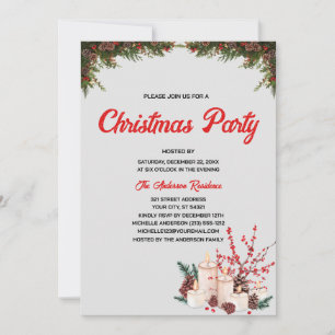 Watercolor Red Berries, tree pine Christmas Party Invitation