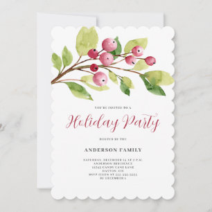 Watercolor Red Berry Christmas Holiday Party  Invitation