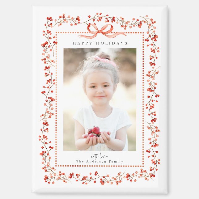 Watercolor Red Berry Frame Photo Christmas Holiday Magnet (Front)