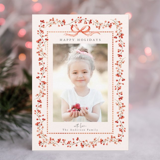 Watercolor Red Berry Frame Photo Pink Christmas Holiday Card (Creator Uploaded)