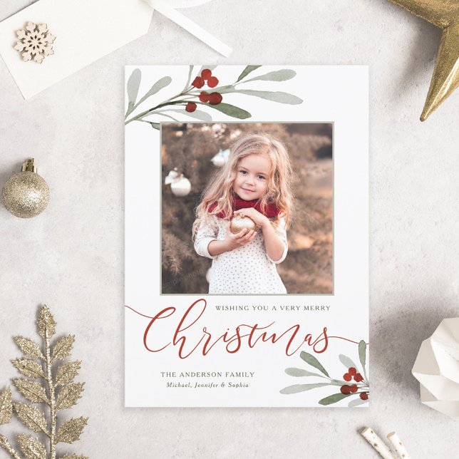 Watercolor Red Berry Greenery Christmas Photo Holiday Card (Creator Uploaded)