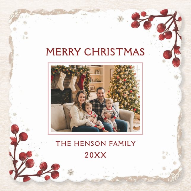 Watercolor Red Berry Winter Wreath Family Photo Paper Coaster (Front)