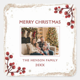 Watercolor Red Berry Winter Wreath Family Photo Square Sticker