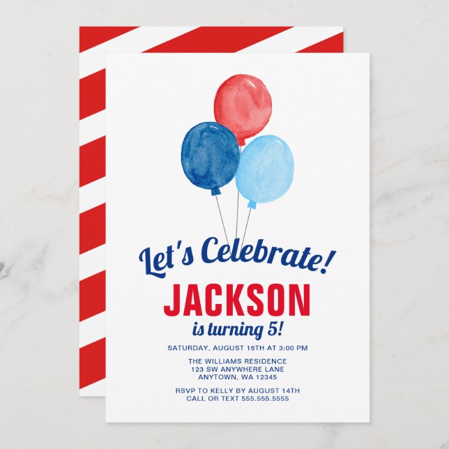 Watercolor Red Blue Balloons Boy Birthday Invitation (Front/Back)