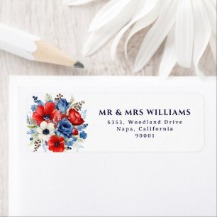 Watercolor Red Blue Floral Bouquet Patriotic 