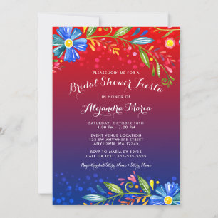 Watercolor Red Blue Floral Fiesta Bridal Shower Invitation
