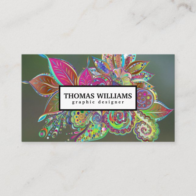 Watercolor red blue floral paisley pattern business card (Front)