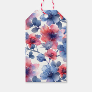 Watercolor red, blue flowers on a white gift tags