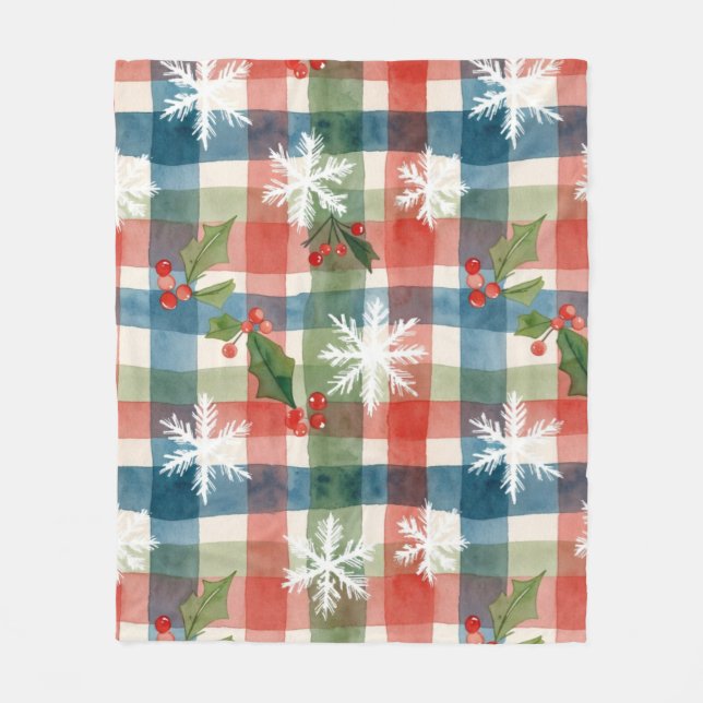 Watercolor Red Blue Green Snowflake Holly Berry  Fleece Blanket (Front)