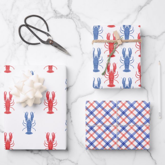 Watercolor Red & Blue Lobsters Wrapping Paper Sheet (Front)