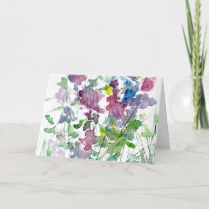 Watercolor Red Blue painting Bouquet green stems  Holiday Card