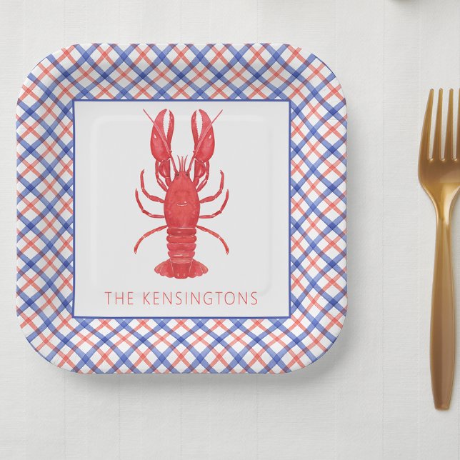 Watercolor Red & Blue Plaid Lobster Paper Plate (Creator Uploaded)