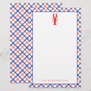 Watercolor Red & Blue Plaid Lobster Personalised Stationery