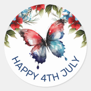 Watercolor Red, Blue & White Flowers 4th of July Classic Round Sticker