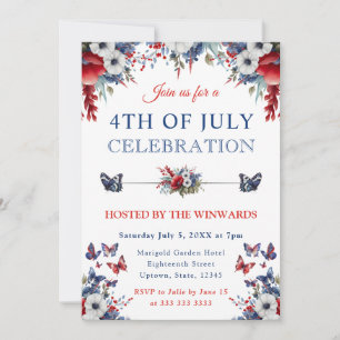 Watercolor Red, Blue & White Flowers 4th of July Invitation