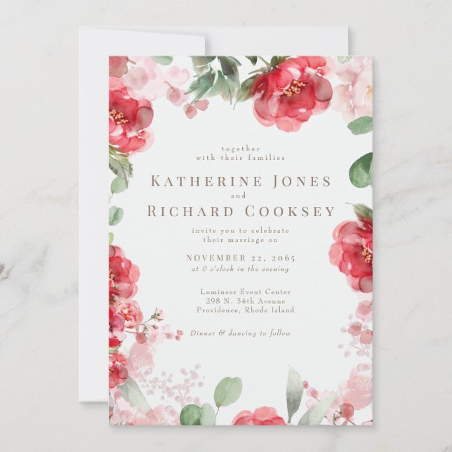 Watercolor Red & Blush Floral Elegant Wedding Invitation (Front)