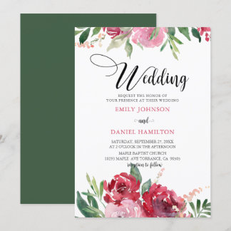Watercolor Red Blush Pink  Green Floral Wedding Invitation