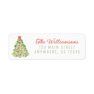 Watercolor Red Bow Christmas Tree Return Address
