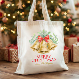 Watercolor red bow gold bells Christmas custom Tote Bag