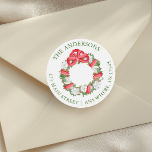 Watercolor Red Bow Magnolia Christmas Wreath Classic Round Sticker