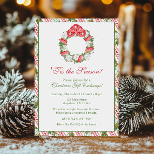 Watercolor Red Bow Magnolia Christmas Wreath Party Invitation