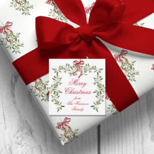 Watercolor Red Bow Mistletoe Christmas Gift Card