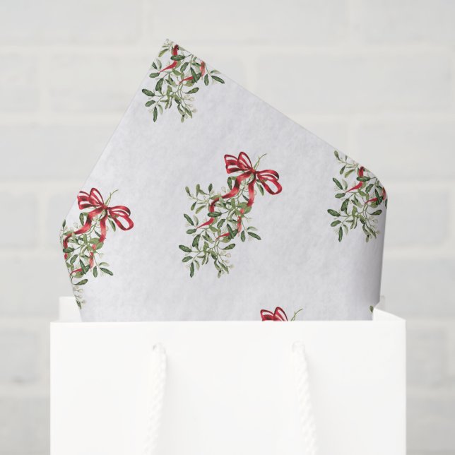 Watercolor Red Bow Mistletoe Christmas Tissue Paper (Gift Bag)