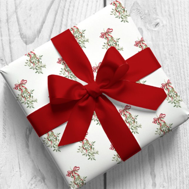 Watercolor Red Bow Mistletoe Christmas Wrapping Paper (Creator Uploaded)
