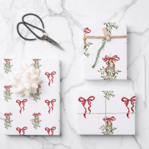 Watercolor Red Bow Mistletoe Christmas Wrapping Paper Sheet
