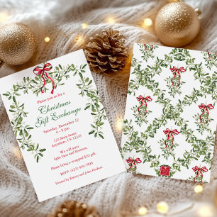Watercolor Red Bow Mistletoe Garland Christmas Invitation