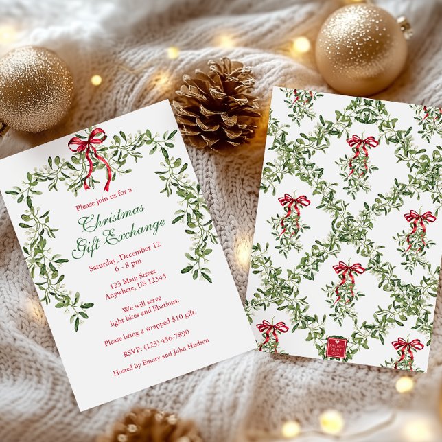 Watercolor Red Bow Mistletoe Garland Christmas Invitation (Creator Uploaded)
